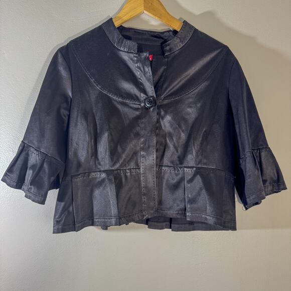 ELLE Black Satin Cropped Bolero Jacket | Peplum Ruffle Sleeves | Retro Glam - Picture 1 of 5